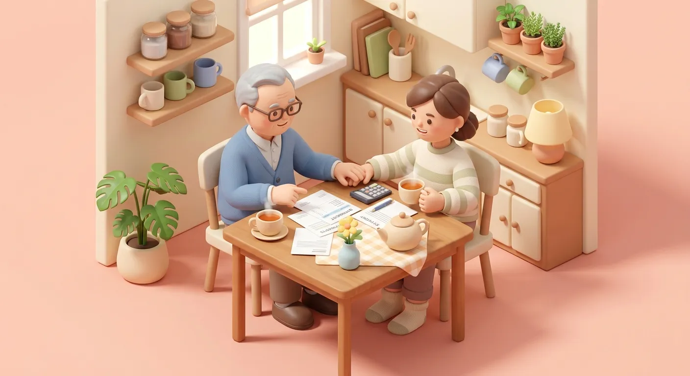 Adult child and aging parent discussing finances together at kitchen table