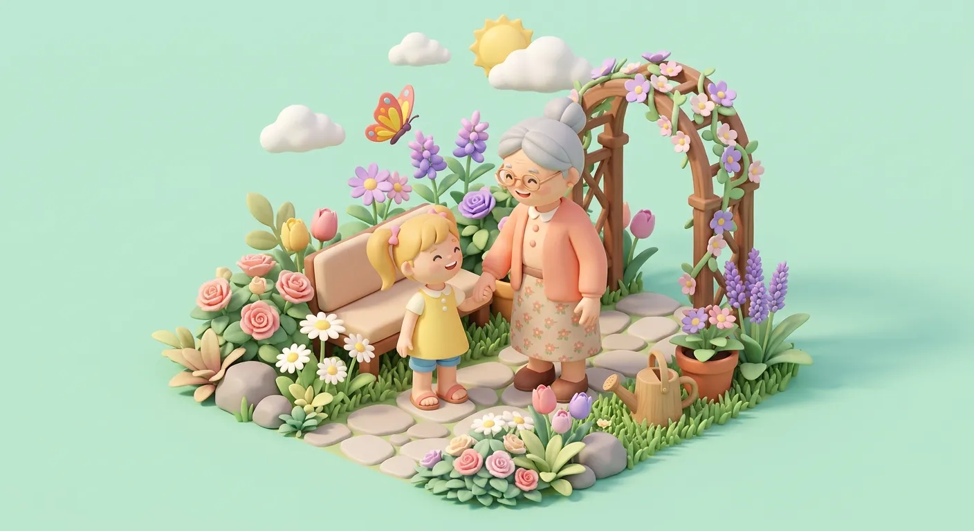 A grandchild holding hands with a grandparent in a garden setting