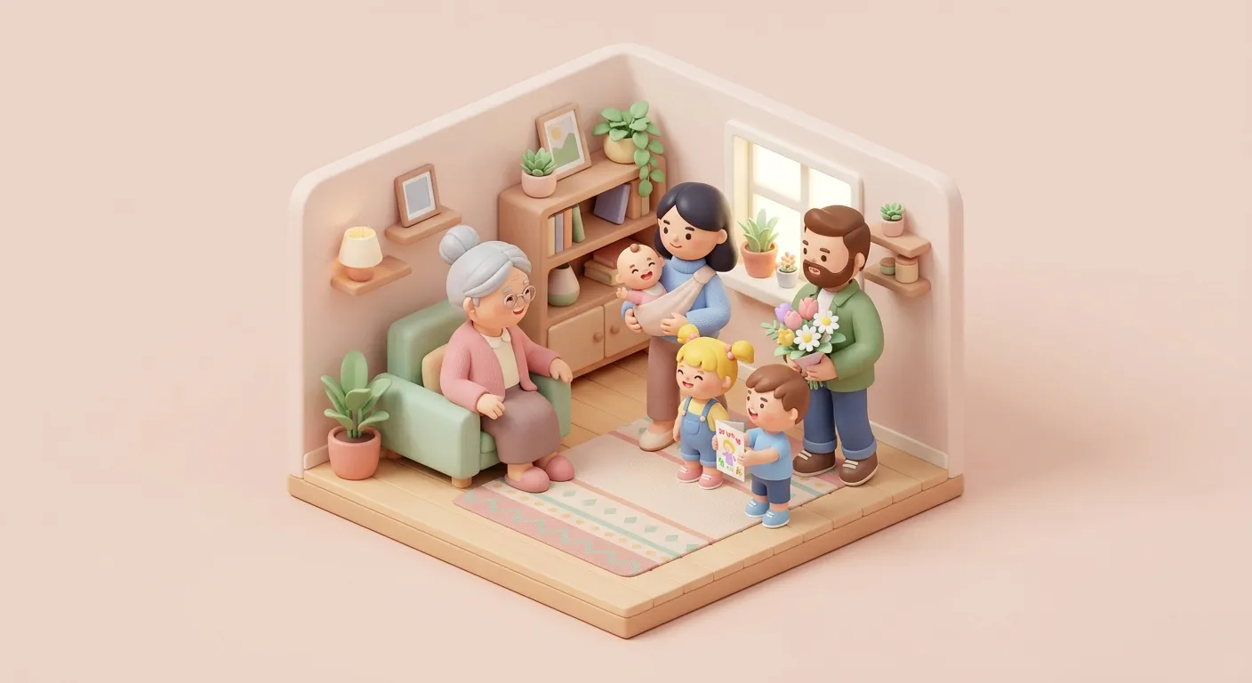 A family visiting a grandparent together, sharing a warm moment