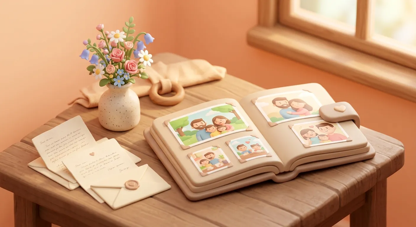 Family photo album and letters on a table