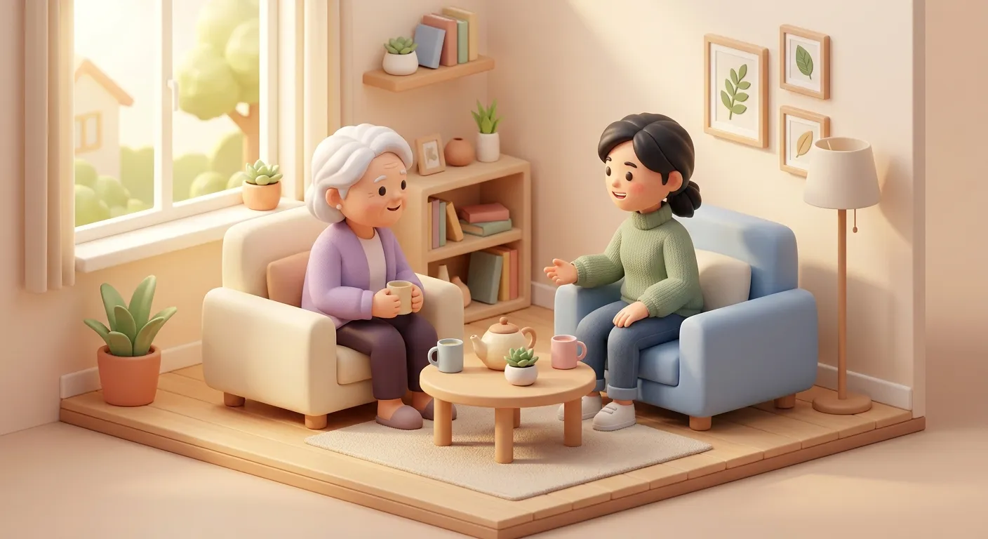 Adult talking to a parent with dementia in a living room