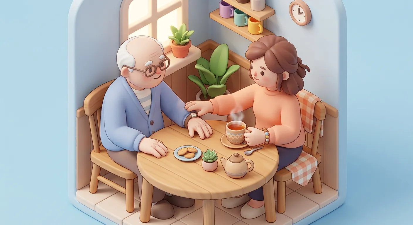Adult child helping elderly parent in a warm home setting