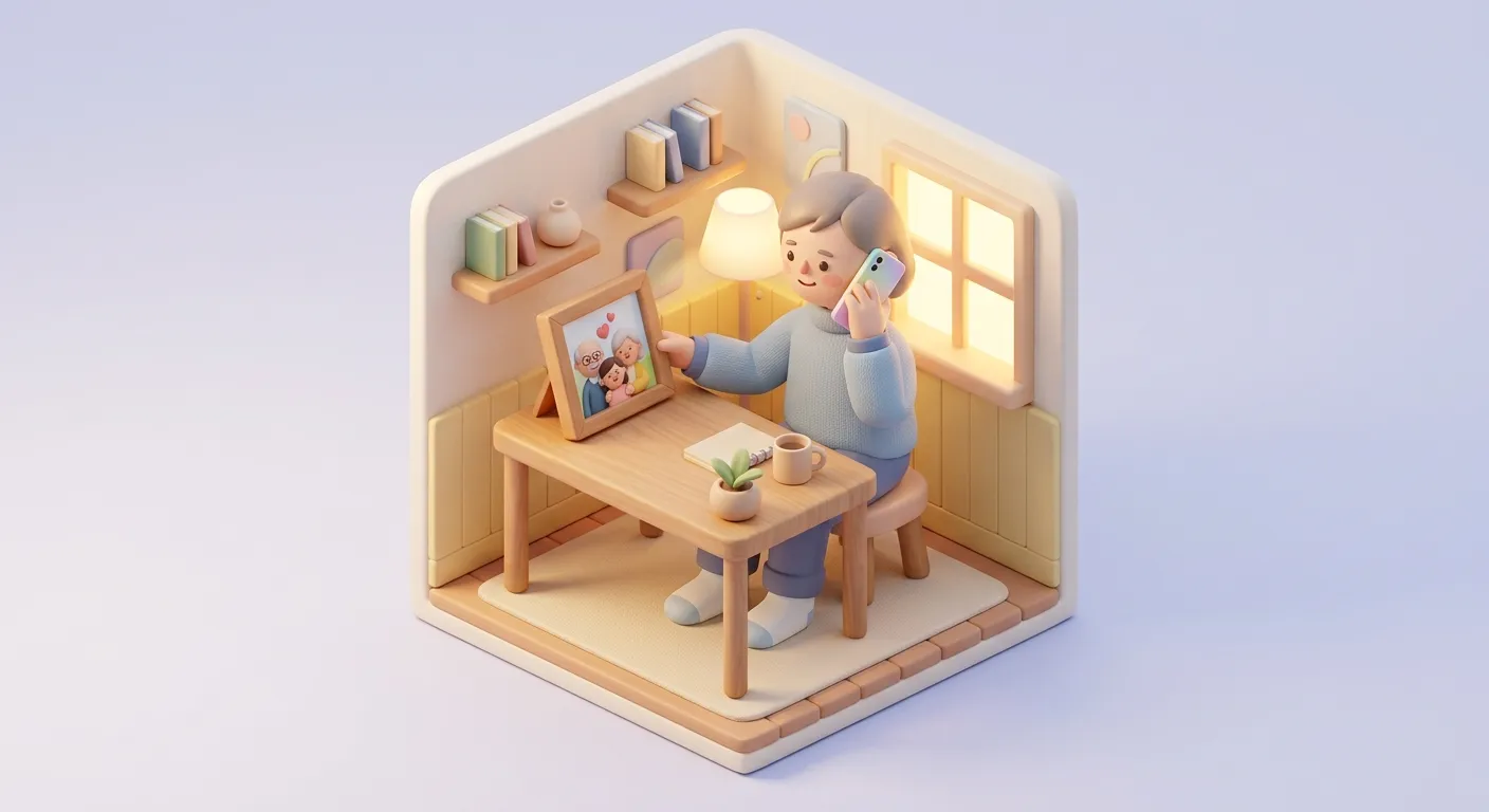 Adult child on the phone while looking at a family photo