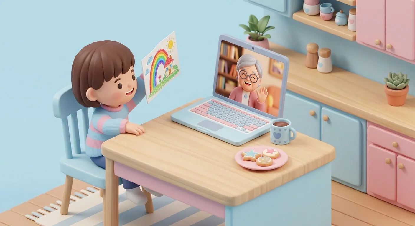 Child sits at a table holding up a drawing to a grandparent on a laptop.