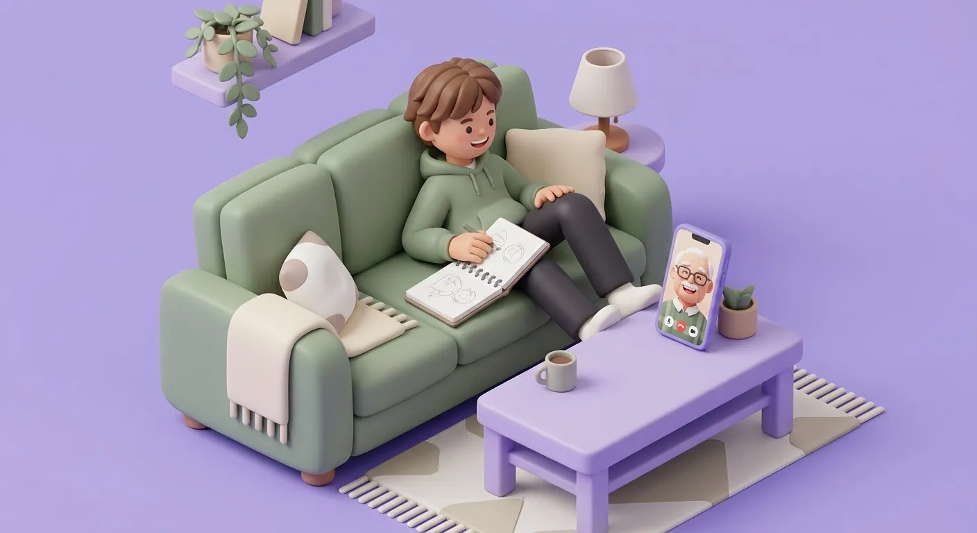 Teenager on a couch video-calling a grandparent with an open sketchbook