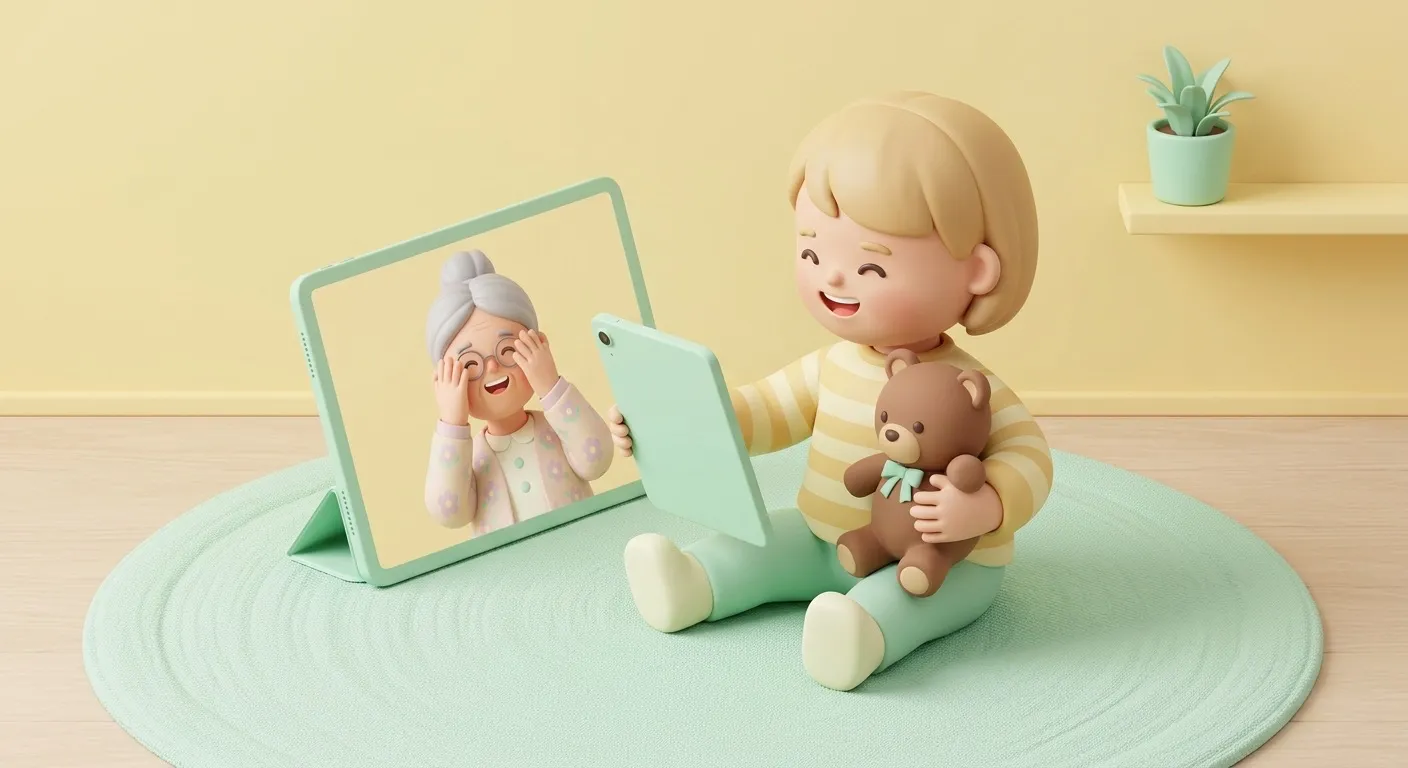 Grandmother on a tablet screen playing peek-a-boo with a toddler
