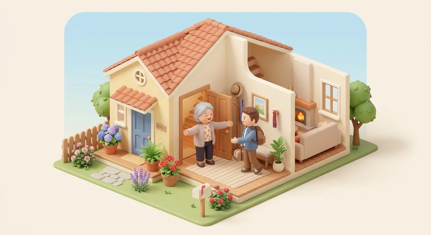Adult child visiting elderly parent at home