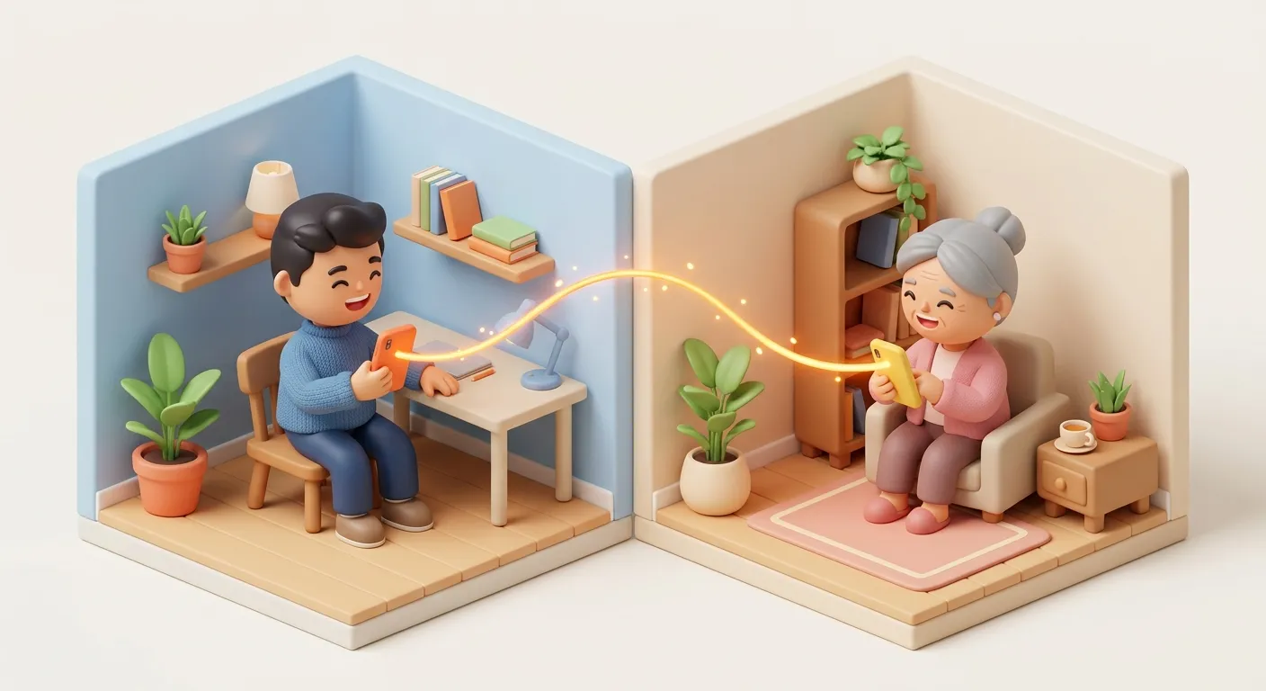 Adult child talking on the phone with elderly parent